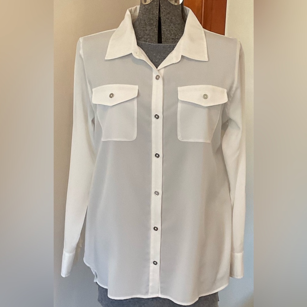Christopher & Banks White Semi Sheer Blouse With Convertible Sleeves